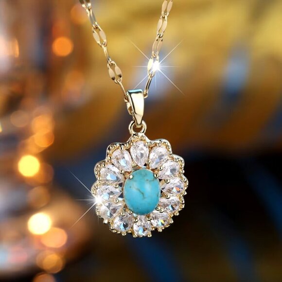 NEW 14k Gold Turquoise Blue Flower Diamond Necklace - Picture 2 of 5